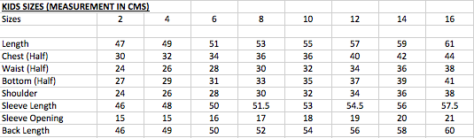 Kids Jacket Size Chart