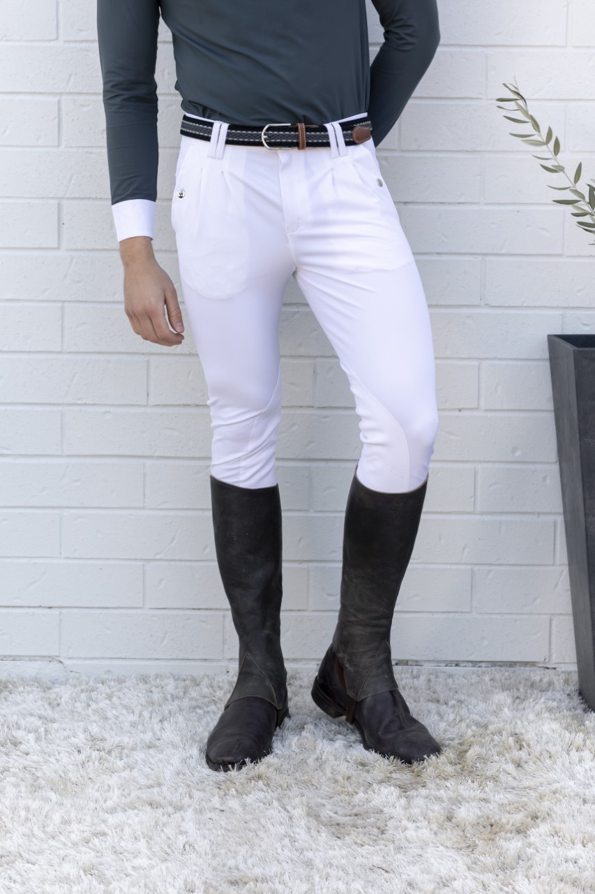 Mens White Coolmax Pleated Breeches with suede knee