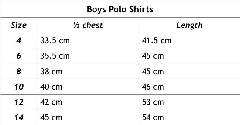 Boys Polo Shirt - Size Chart