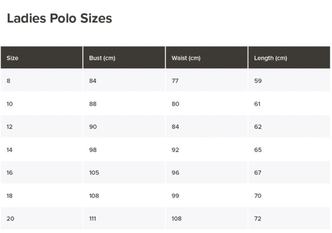 Womens Polo Shirt Size Chart