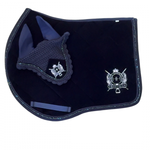 Navy Velvet & Crystal Jump Cut Saddle Pad & Bonnet set