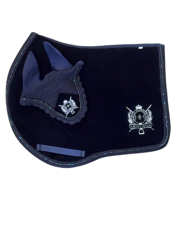Navy Velvet & Crystal Jump Cut Saddle Pad & Bonnet set